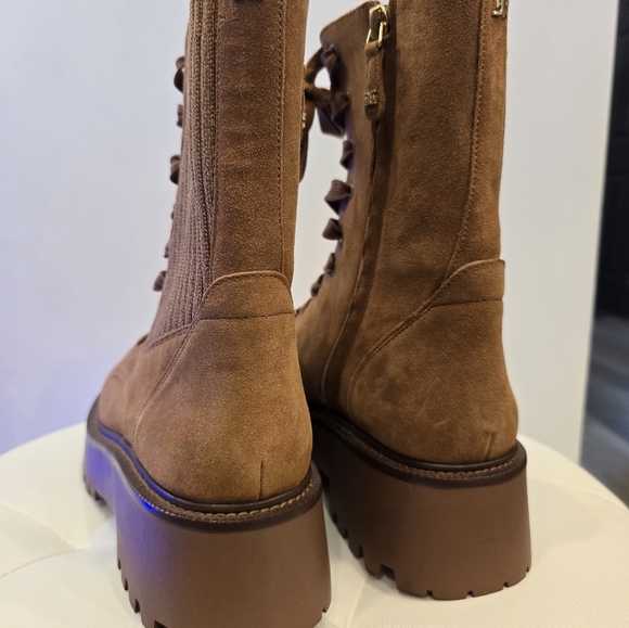 Sam Edelman EVINA Cognac Leather Brown Zip Lace Hiking Boots NEW 9 1/2 Shoes HOT - Picture 4 of 6